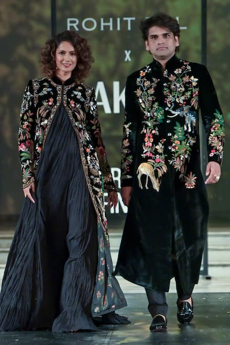 Rohit Bal_Black Velvet Embroidery Mandarin Collar Floral Long Jacket _Online_at_Aza_Fashions