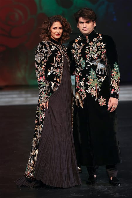 Buy_Rohit Bal_Black Velvet Embroidery Mandarin Collar Floral Long Jacket _Online_at_Aza_Fashions