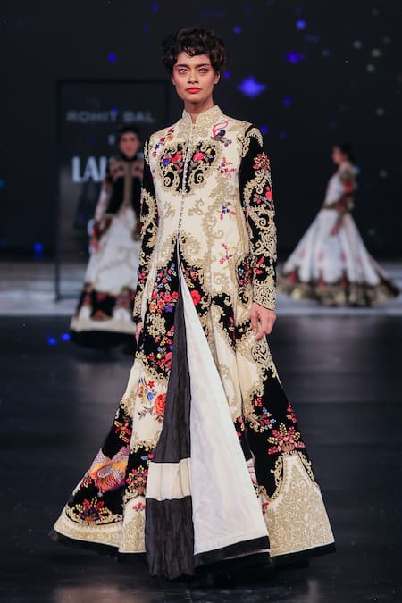 Rohit Bal Ivory Velvet, Silk Embroidery Mandarin Collar Floral Resham Longline Jacket Online at Aza Fashions Rohit Bal_Ivory Velvet, Silk Embroidery Mandarin Collar Floral Resham Longline Jacket _Online_at_Aza_Fashions