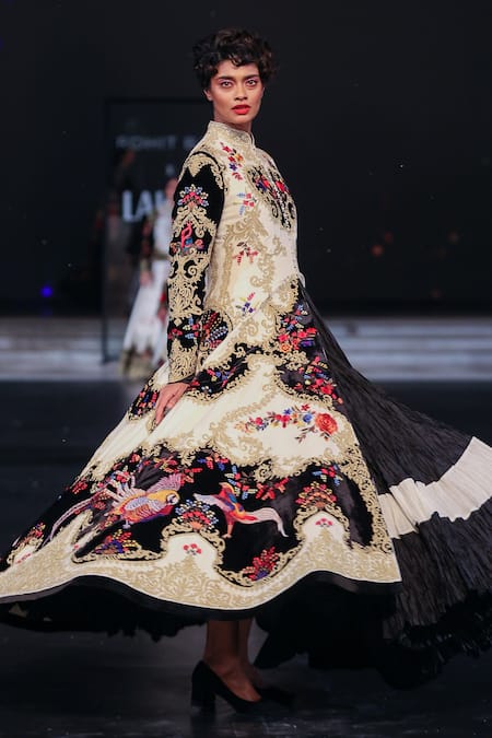 Buy Rohit Bal Ivory Velvet, Silk Embroidery Mandarin Collar Floral Resham Longline Jacket Online at Aza Fashions Buy_Rohit Bal_Ivory Velvet, Silk Embroidery Mandarin Collar Floral Resham Longline Jacket _Online_at_Aza_Fashions