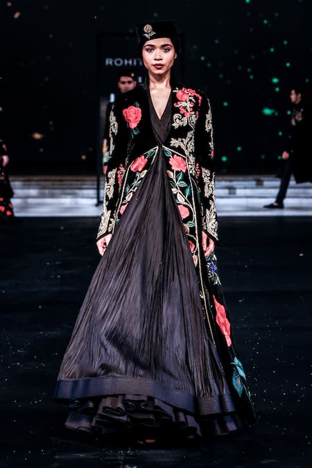Rohit Bal Black Velvet Embroidery Open Neck Longline Jacket