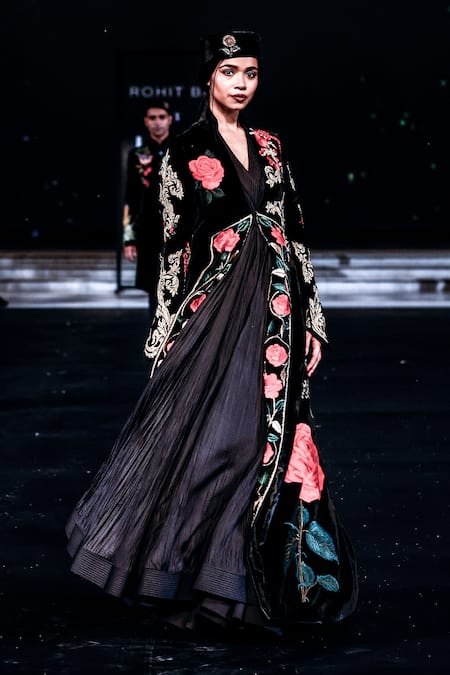 Rohit Bal_Black Velvet Embroidery Open Neck Longline Jacket _Online_at_Aza_Fashions