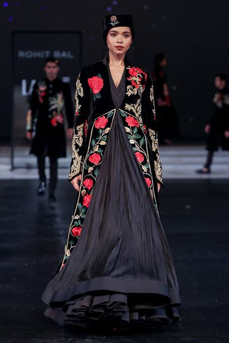 Buy_Rohit Bal_Black Velvet Embroidery Open Neck Longline Jacket _Online_at_Aza_Fashions