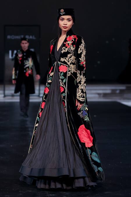 Shop_Rohit Bal_Black Velvet Embroidery Open Neck Longline Jacket _Online_at_Aza_Fashions