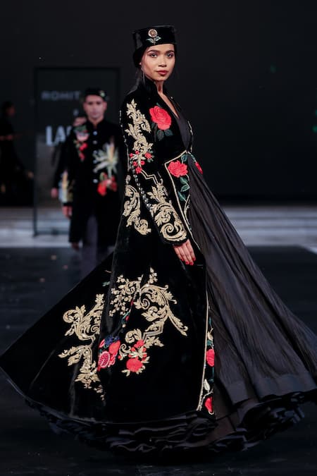 Rohit Bal_Black Velvet Embroidery Open Neck Longline Jacket _at_Aza_Fashions