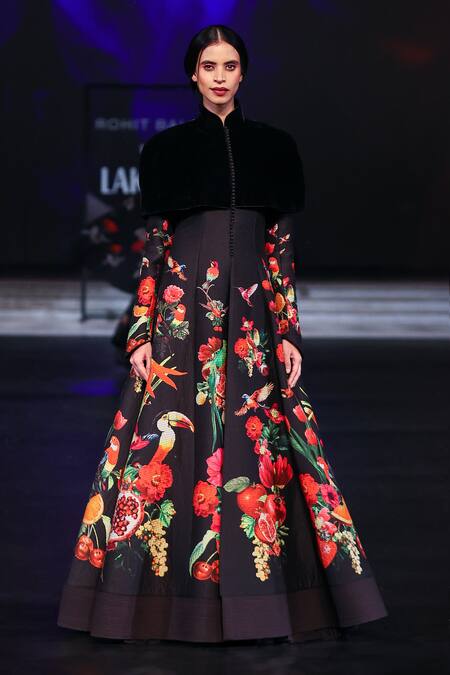 Shop_Rohit Bal_Black Chanderi, Velvet Embroidery Floral Tropical Print Quilted Long Jacket _Online_at_Aza_Fashions