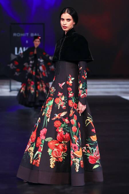 Rohit Bal_Black Chanderi, Velvet Embroidery Floral Tropical Print Quilted Long Jacket _at_Aza_Fashions
