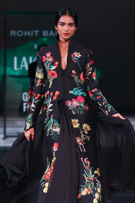 Rohit Bal_Black Chiffon, Chanderi Embroidery Floral Print Quilted Jacket Anarkali Set _Online_at_Aza_Fashions