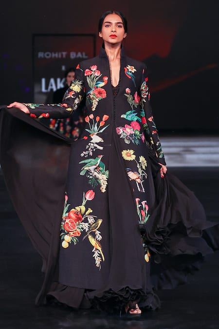 Buy_Rohit Bal_Black Chiffon, Chanderi Embroidery Floral Print Quilted Jacket Anarkali Set _Online_at_Aza_Fashions