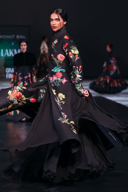 Shop_Rohit Bal_Black Chiffon, Chanderi Embroidery Floral Print Quilted Jacket Anarkali Set _Online_at_Aza_Fashions