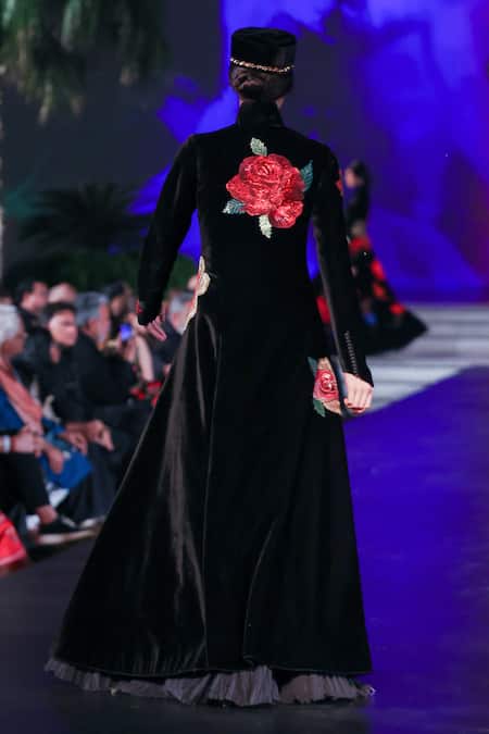 Rohit Bal Black Velvet Rosette Embroidered Long Jacket 