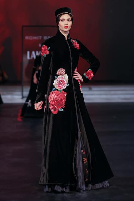 Rohit Bal Black Velvet Embroidery Mandarin Collar Rosette Long Jacket Online at Aza Fashions Rohit Bal_Black Velvet Embroidery Mandarin Collar Rosette Long Jacket _Online_at_Aza_Fashions