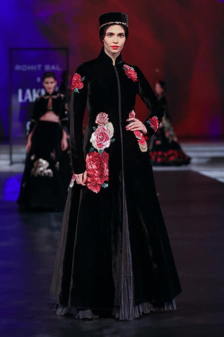 Buy Rohit Bal Black Velvet Embroidery Mandarin Collar Rosette Long Jacket Online at Aza Fashions Buy_Rohit Bal_Black Velvet Embroidery Mandarin Collar Rosette Long Jacket _Online_at_Aza_Fashions