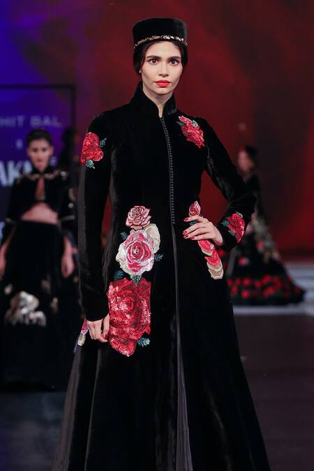 Shop Rohit Bal Black Velvet Embroidery Mandarin Collar Rosette Long Jacket Online at Aza Fashions Shop_Rohit Bal_Black Velvet Embroidery Mandarin Collar Rosette Long Jacket _Online_at_Aza_Fashions