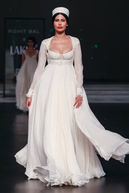 Buy_Rohit Bal_Ivory Net, Chiffon Sequins, Embroidery Scoop Cut-out Long Jacket Anarkali Set _Online_at_Aza_Fashions