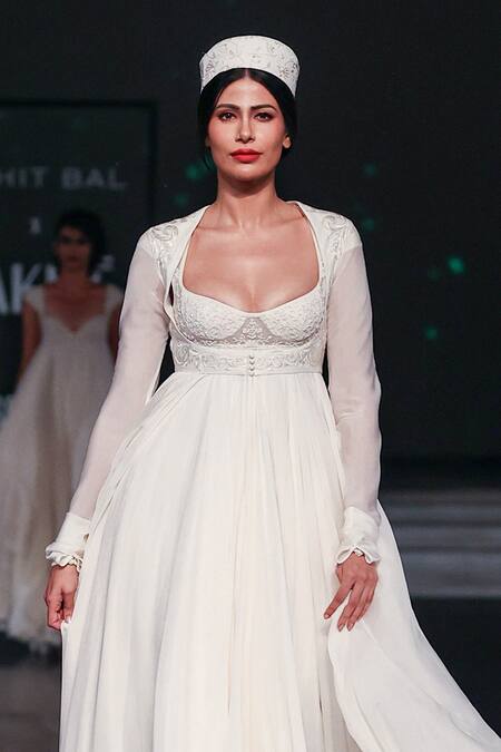 Shop_Rohit Bal_Ivory Net, Chiffon Sequins, Embroidery Scoop Cut-out Long Jacket Anarkali Set _Online_at_Aza_Fashions