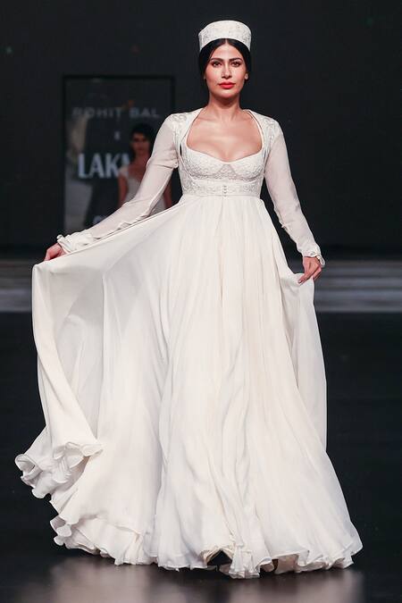 Rohit Bal_Ivory Net, Chiffon Sequins, Embroidery Scoop Cut-out Long Jacket Anarkali Set _at_Aza_Fashions