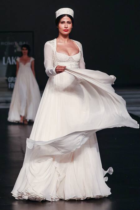 Buy_Rohit Bal_Ivory Net, Chiffon Sequins, Embroidery Scoop Cut-out Long Jacket Anarkali Set 