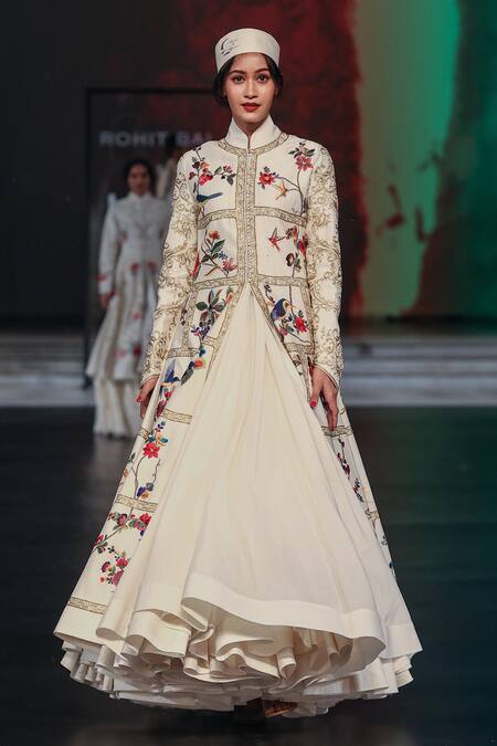 Rohit Bal Ivory Chanderi Mandarin Collar Embroidered Resham Long Jacket Online at Aza Fashions Rohit Bal_Ivory Chanderi Mandarin Collar Embroidered Resham Long Jacket _Online_at_Aza_Fashions