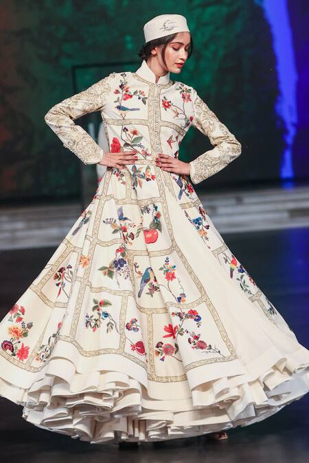 Rohit Bal Ivory Chanderi Mandarin Collar Embroidered Resham Long Jacket at Aza Fashions Rohit Bal_Ivory Chanderi Mandarin Collar Embroidered Resham Long Jacket _at_Aza_Fashions