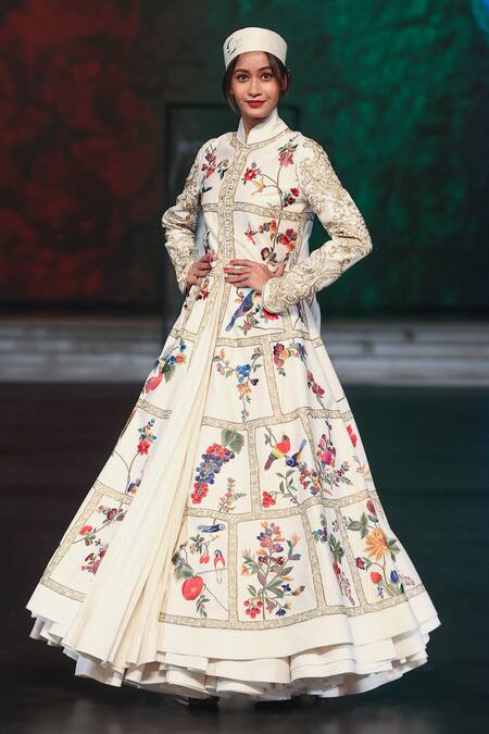 Shop Rohit Bal Ivory Chanderi Mandarin Collar Embroidered Resham Long Jacket Shop_Rohit Bal_Ivory Chanderi Mandarin Collar Embroidered Resham Long Jacket