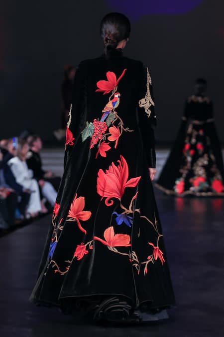 Rohit Bal Black Velvet Floral Embroidered Long Jacket 