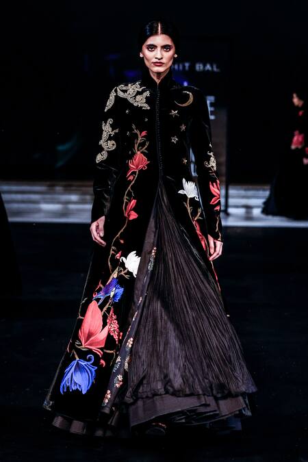 Rohit Bal_Black Velvet Embroidery Mandarin Collar Floral Long Jacket _Online_at_Aza_Fashions