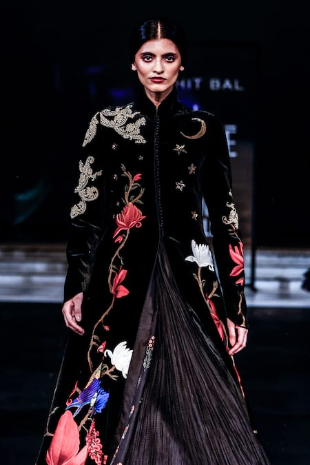 Buy_Rohit Bal_Black Velvet Embroidery Mandarin Collar Floral Long Jacket _Online_at_Aza_Fashions