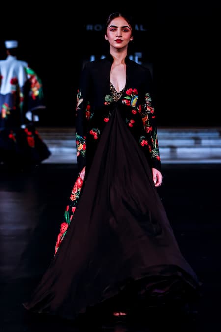Rohit Bal_Black Velvet, Chanderi Silk Floral Print Quilted Peplum Jacket Anarkali Set _Online_at_Aza_Fashions