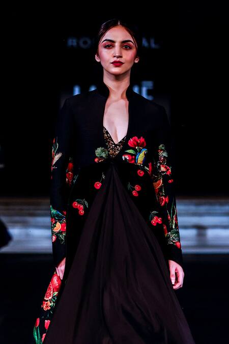 Buy_Rohit Bal_Black Velvet, Chanderi Silk Floral Print Quilted Peplum Jacket Anarkali Set _Online_at_Aza_Fashions