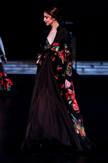 Rohit Bal_Black Velvet, Chanderi Silk Floral Print Quilted Peplum Jacket Anarkali Set _at_Aza_Fashions