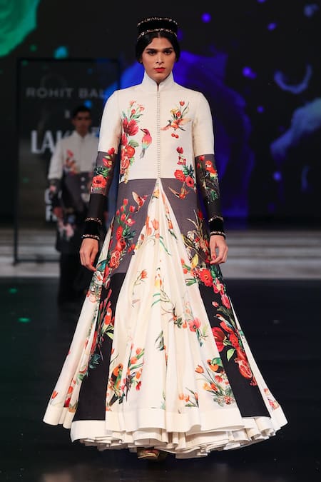 Rohit Bal_Ivory Velvet, Chanderi Silk Embroidery Gradient Floral Print Anarkali Set _Online_at_Aza_Fashions