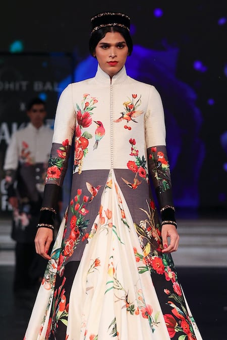 Buy_Rohit Bal_Ivory Velvet, Chanderi Silk Embroidery Gradient Floral Print Anarkali Set _Online_at_Aza_Fashions