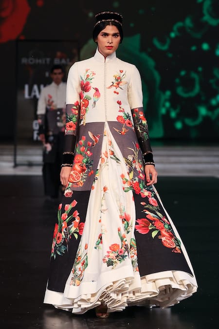 Shop_Rohit Bal_Ivory Velvet, Chanderi Silk Embroidery Gradient Floral Print Anarkali Set _Online_at_Aza_Fashions