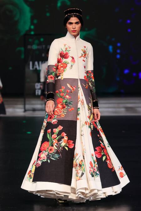 Rohit Bal_Ivory Velvet, Chanderi Silk Embroidery Gradient Floral Print Anarkali Set _at_Aza_Fashions