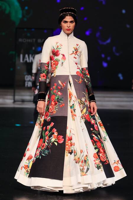 Buy_Rohit Bal_Ivory Velvet, Chanderi Silk Embroidery Gradient Floral Print Anarkali Set 