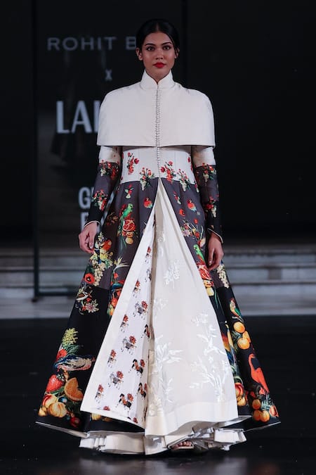 Rohit Bal_Ivory Chanderi Silk Embroidery Mandarin Floral Print Cape Long Jacket Set _Online_at_Aza_Fashions