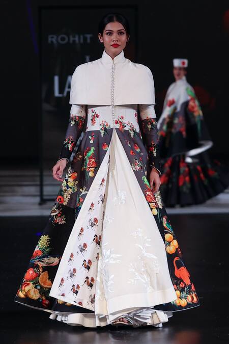 Buy_Rohit Bal_Ivory Chanderi Silk Embroidery Mandarin Floral Print Cape Long Jacket Set _Online_at_Aza_Fashions