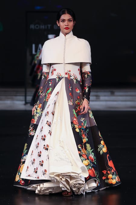 Shop_Rohit Bal_Ivory Chanderi Silk Embroidery Mandarin Floral Print Cape Long Jacket Set _Online_at_Aza_Fashions