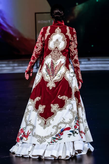 Rohit Bal Ivory & Wine Color Block Long Jacket 