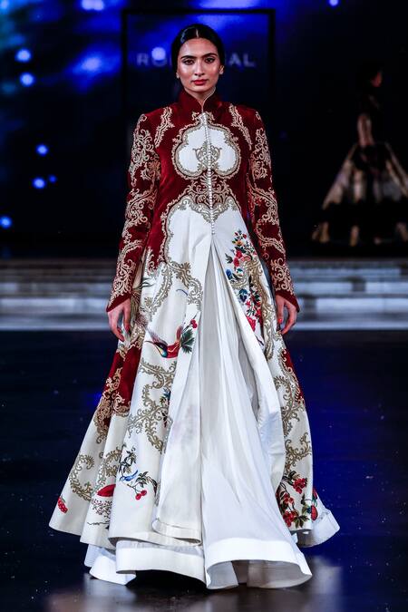Rohit Bal_Ivory Velvet, Silk Embroidery, Zari, Patchwork And Wine Color Block Long Jacket _Online_at_Aza_Fashions