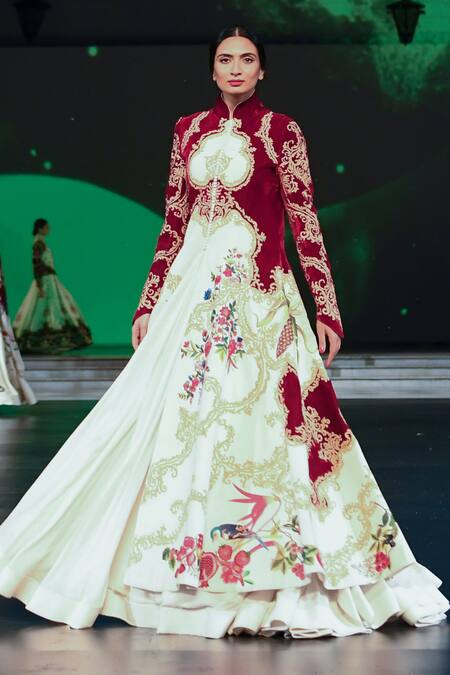 Buy_Rohit Bal_Ivory Velvet, Silk Embroidery, Zari, Patchwork And Wine Color Block Long Jacket _Online_at_Aza_Fashions