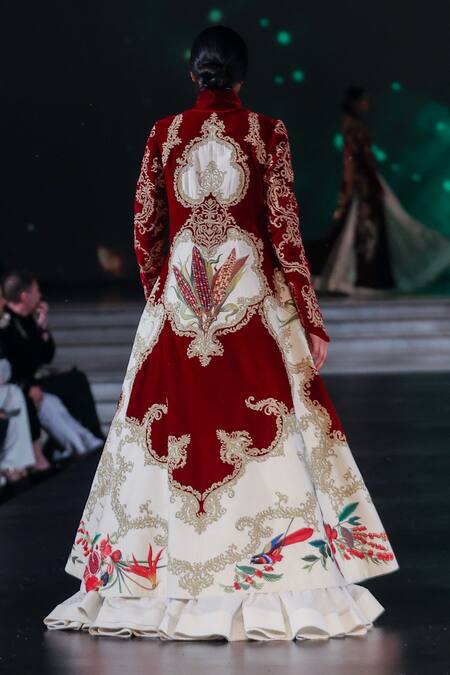 Shop_Rohit Bal_Ivory Velvet, Silk Embroidery, Zari, Patchwork And Wine Color Block Long Jacket _Online_at_Aza_Fashions