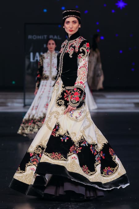 Rohit Bal_Black Velvet, Silk Embroidery, Patchwork Mandarin Floral Jacket And Skirt Set _Online_at_Aza_Fashions