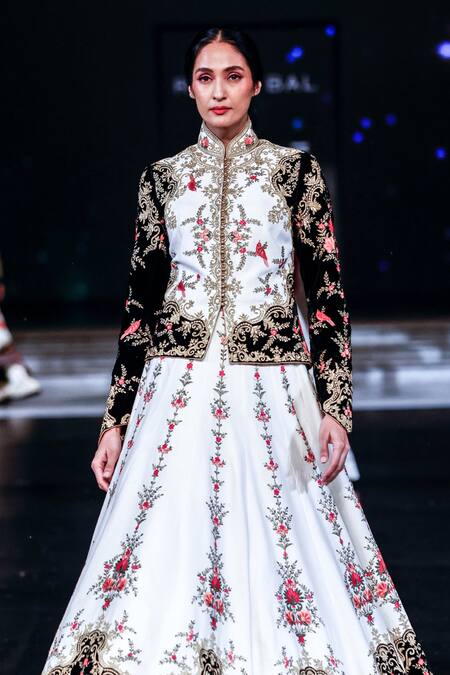 Rohit Bal_Ivory Chanderi Embroidery, Patchwork Mandarin Floral Vine Jacket And Skirt Set _Online_at_Aza_Fashions