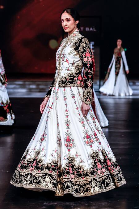 Buy_Rohit Bal_Ivory Chanderi Embroidery, Patchwork Mandarin Floral Vine Jacket And Skirt Set _Online_at_Aza_Fashions
