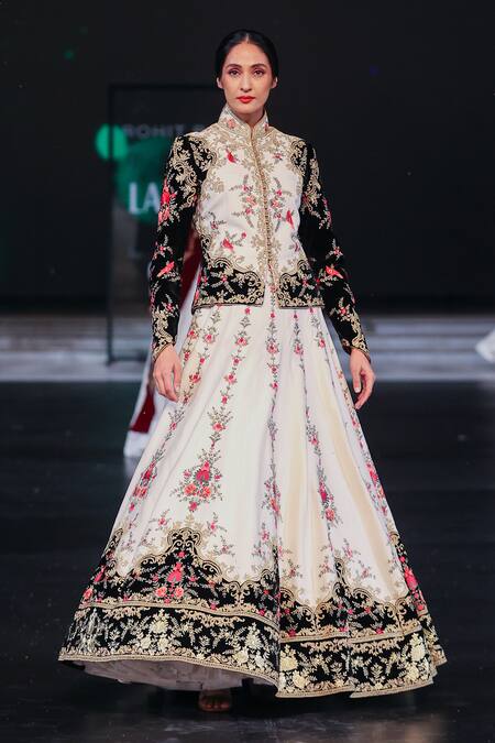 Shop_Rohit Bal_Ivory Chanderi Embroidery, Patchwork Mandarin Floral Vine Jacket And Skirt Set _Online_at_Aza_Fashions