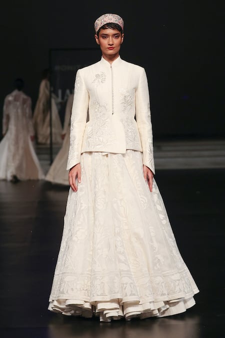 Rohit Bal Ivory Chanderi Embroidery Mandarin Collar Floral Quilted Short Jacket Online at Aza Fashions Rohit Bal_Ivory Chanderi Embroidery Mandarin Collar Floral Quilted Short Jacket _Online_at_Aza_Fashions