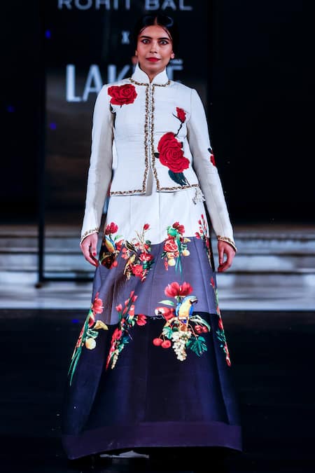 Rohit Bal Chanderi Floral Print Short Jacket With Color Block Skirt 