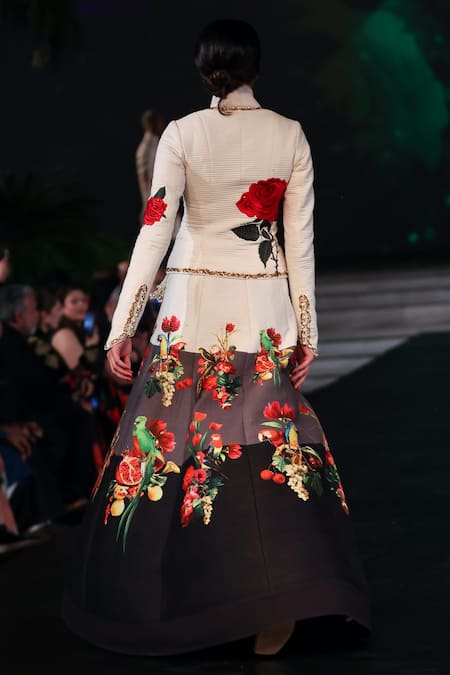 Rohit Bal Floral Print Chanderi Jacket & Color Block Skirt 